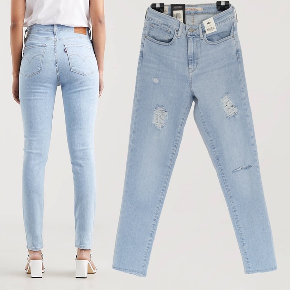 NWT LEVI'S 721 HIGH RISE SKINNY Size 27 Light Wash Custom Short Rip Denim Jeans - Picture 1 of 5
